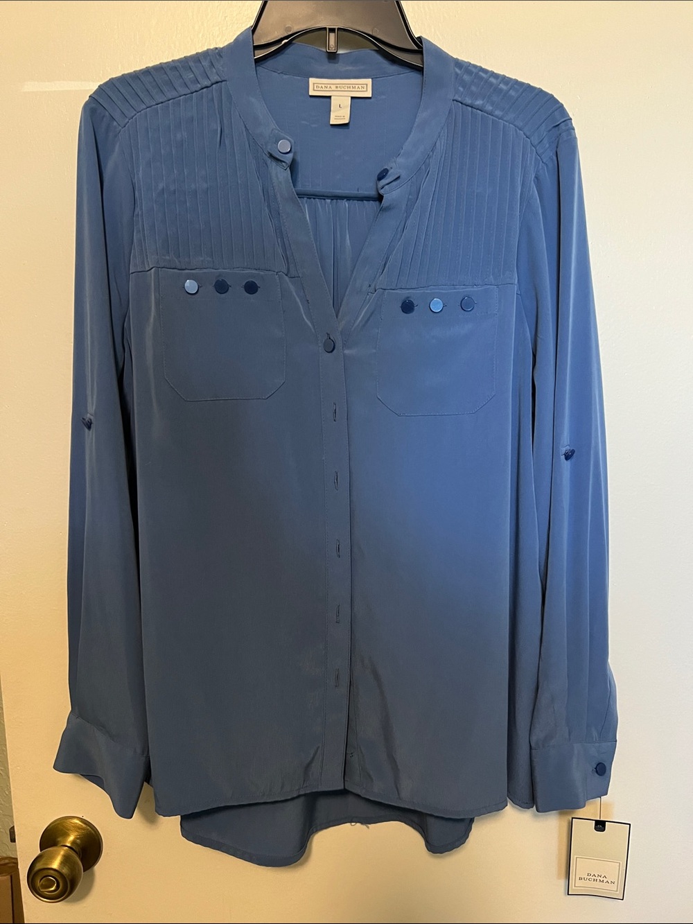 Dana Buchman Dusty Blue Pintuck Button-Front Blouse